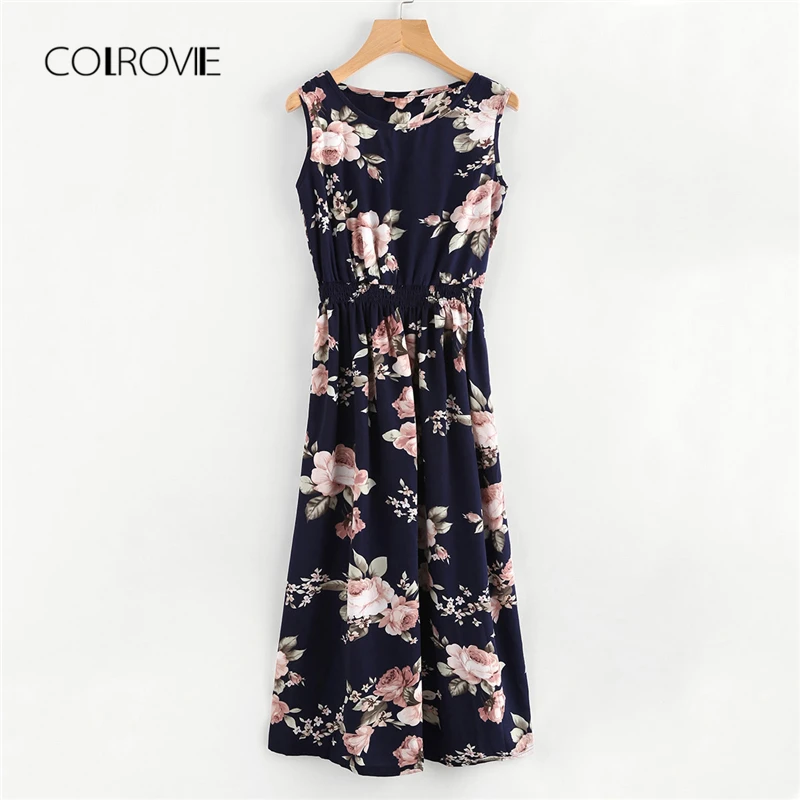 

COLROVIE All Over Floral Elastic Waist Beach Dress 2018 New Korean Fashion Sleeveless Long Summer Dress A Line Women Dress