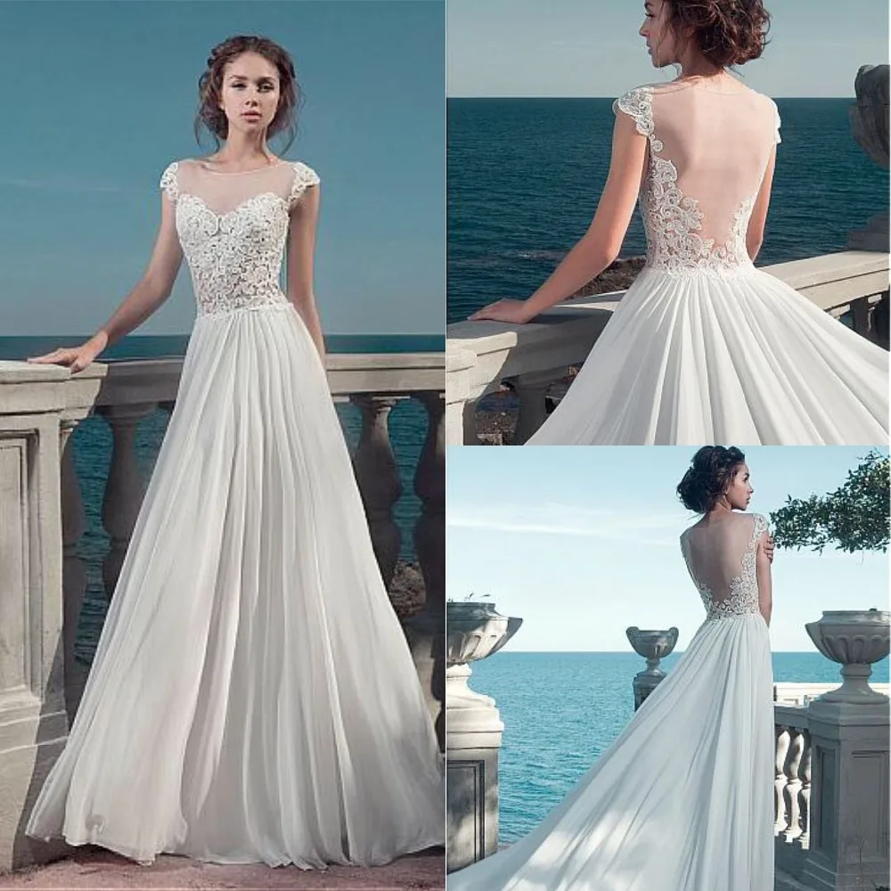 

Beautiful Flowing Chiffon Beach Wedding Dress O-Neck A-Line Appliques Dresses for Bridal Sexy Illusion Back Cheap Gowns 2019