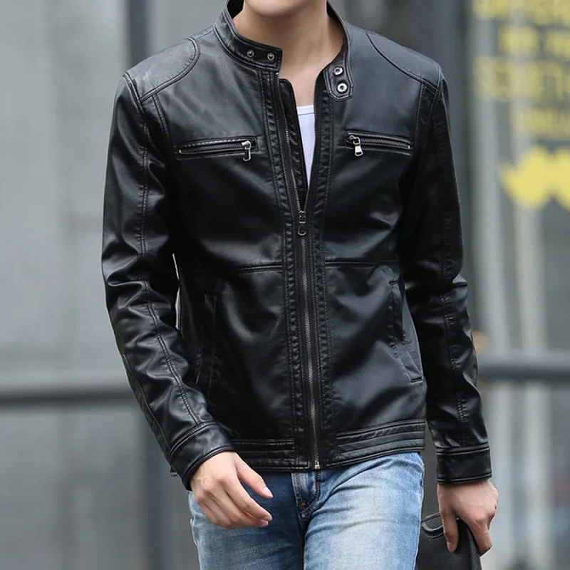Мужские кожаные куртки, мужские пальто со стоячим воротником, Мужская мотоциклетная кожаная куртка, Повседневная тонкая брендовая одежда