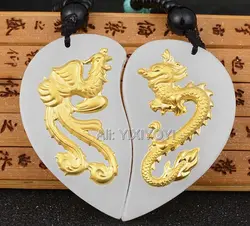Натуральный белый нефрит + 99 твердый золотой китайский сердце дракон феникс пары амулет кулон + бесплатное ожерелье сертификат ювелирных