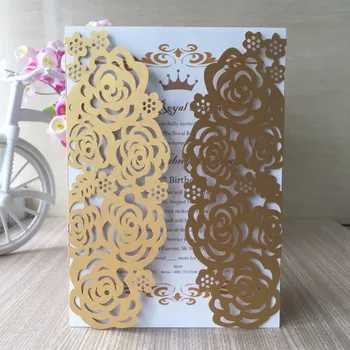 

50PCS Romantic Iridescent Paper Wedding Invitation Card Rose Pattern Carved Hollow Out Crafts Cards Party Wedding Banquet