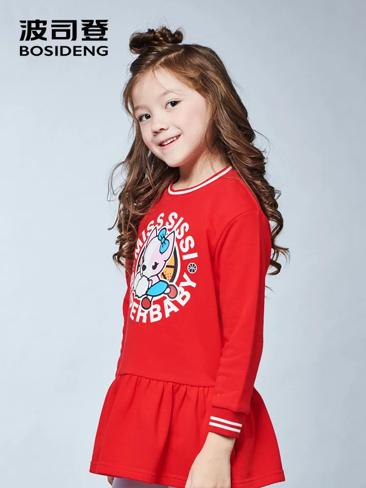 

BOSIDENG KIDS Girls Puff Sleeve Cartoon Print 2019 Spring New Children's Dress C813CL2032
