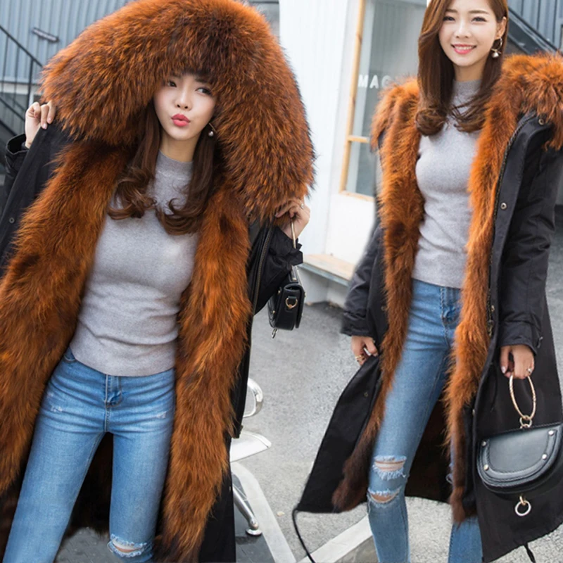 

2019 parkas natural fox fur winter coat women jacket big raccoon fur collar hood long parka outerwear 3 in 1 brand casual new