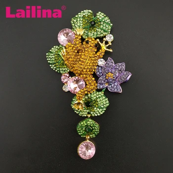

Free Shipping Large rhinestone frog summer broach frog lotus flower brooch