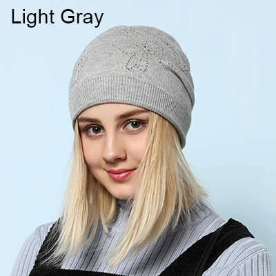Light Gray Ralferty элегантная женская зимняя шапка вязаные шапки-бини с кристаллами Skullies Женские повседневные Лыжные шапки толстые Gorros чепчик двухслойный - Цвет: Light Gray