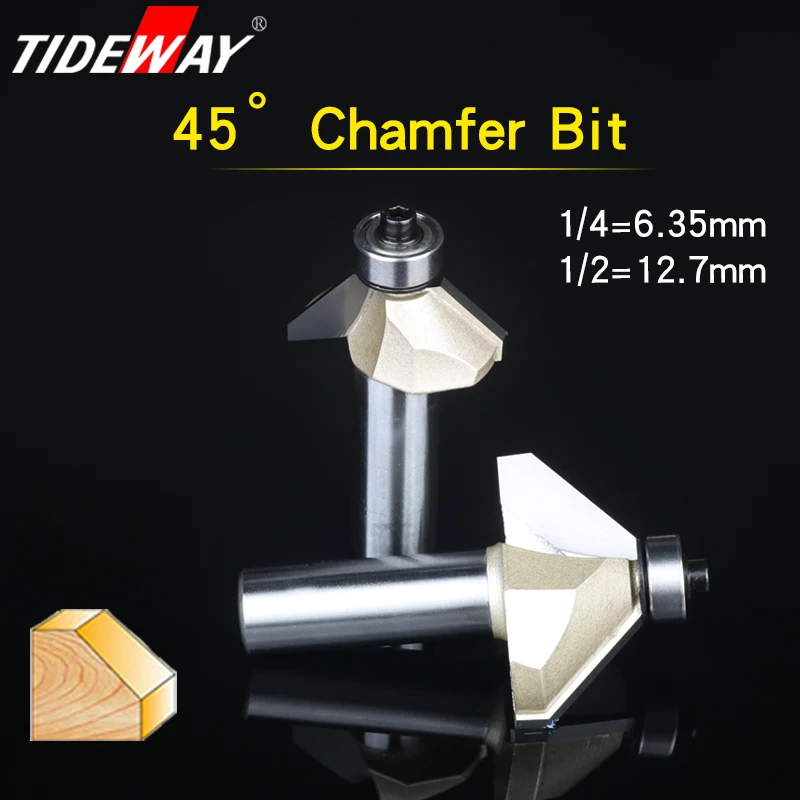 

Tideway 1pcs 1/4" 1/2" Shank Chamfer Cutter Router Bits for wood Horse Nose Bit 45 Deg CNC Woodworking Tools two Flute endmill