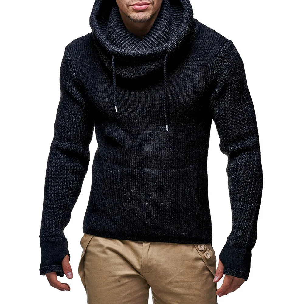 2018 новый осенне-зимний свитер мужской длинный тонкий высокий воротник пуловер Однотонный свитер вязаный джемпер Топы нагрудник шнурок