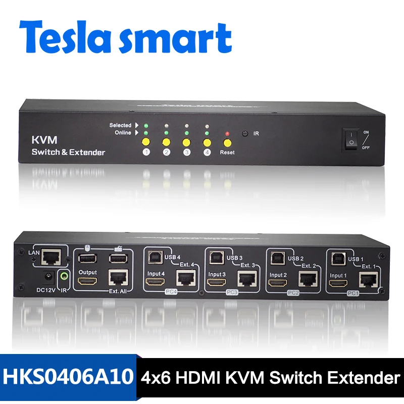 

Tesla smart High Quality 4x6 HDMI KVM Switch Extender Support RJ45 KVM Switch with 60m Extender IR Control 1080P 1U Rack Mount
