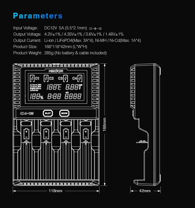 Miboxer C4-12 Смарт Батарея 18650 26650 Зарядное устройство 4-слот ЖК-дисплей Экран 3.0A/слот всего 12A для литий-ионный Тип/IMR/INR/ICR/Ni PK liitokala500