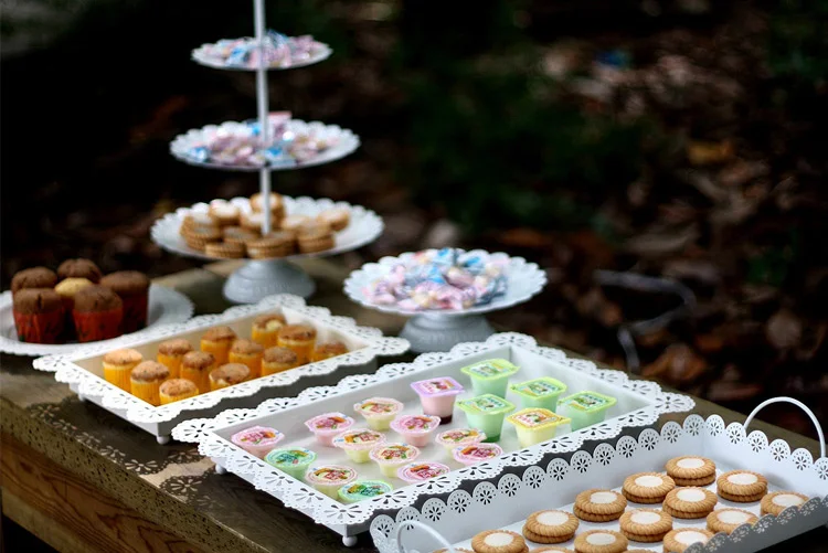 

White rectangular Cake Pan Plate Iron Metal Cake tray stand fruit dessert tray with lace around birthday wedding decoration 628
