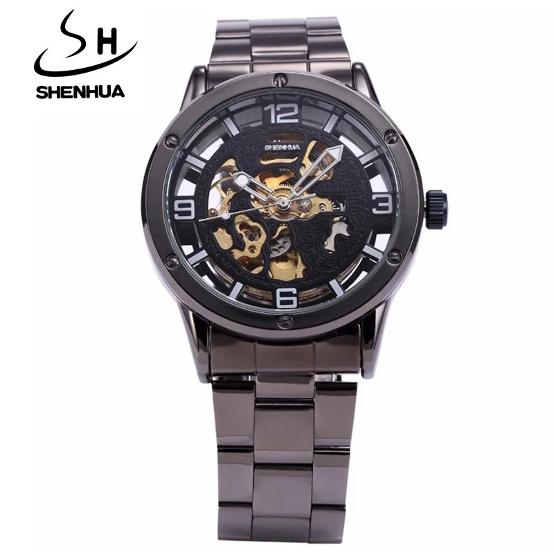 

SHENHUA Fashion Steampunk Skeleton Watches Men Luxury Brand Black Automatic Mechanical Wrist Watches Men relogio masculino