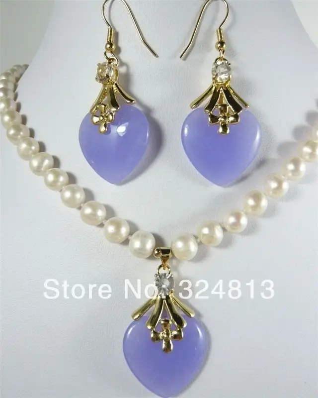

white Pearl red green Purple Jade Necklace heart-shaped pendant Earring set