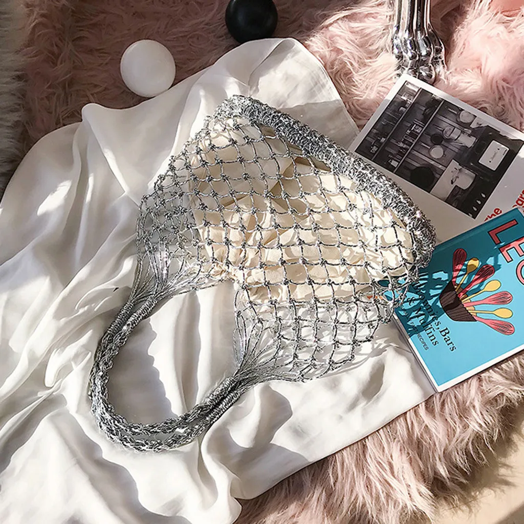 

Fashion lady retro openwork woven gold and silver handbag beach bag cartera mujer hombro mujer sac a main bandouliere femme
