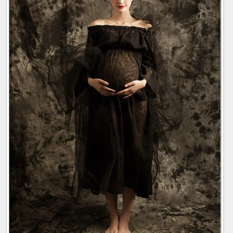 

Maternity Black Lace Photo Props Dress Royal Style Pregnant Pregnancy Photography Stretch Fancy Photo Shoot Long Voile Dress