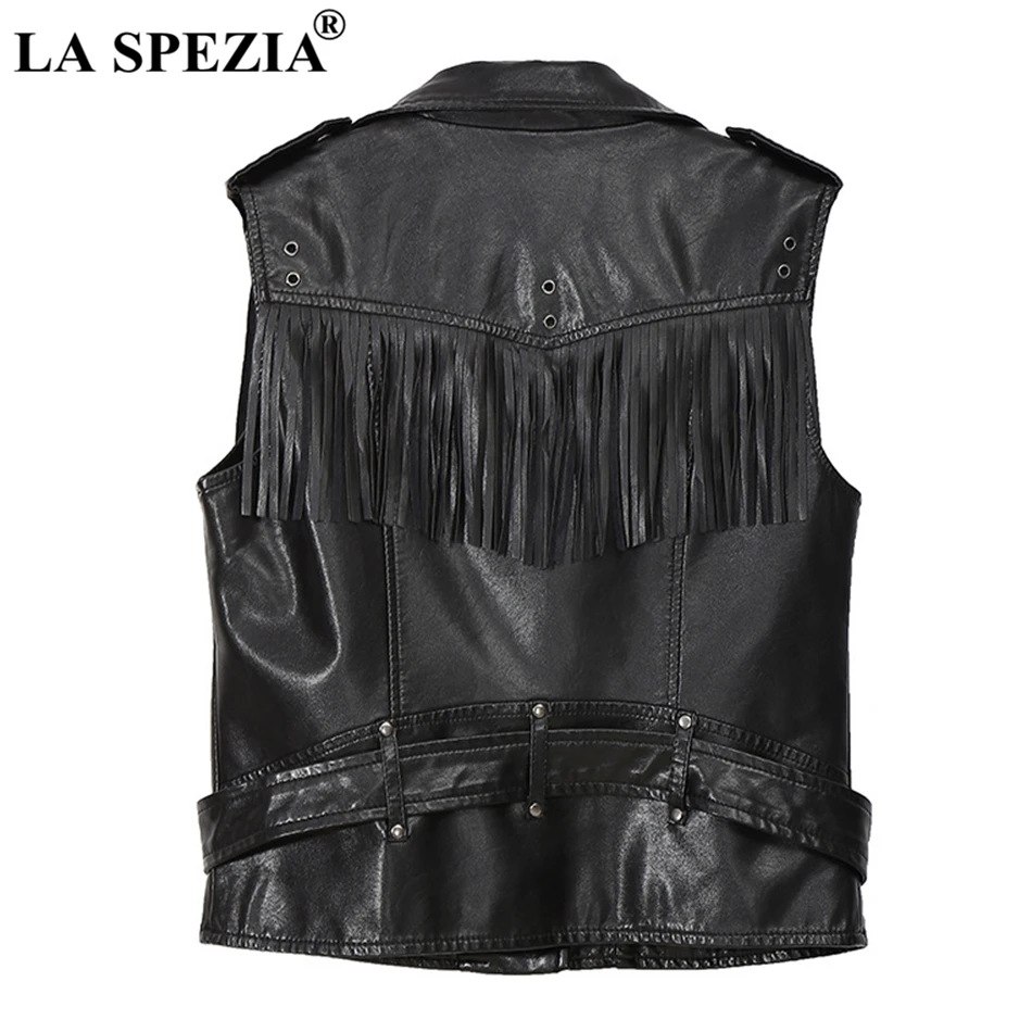 LA SPEZIA Womens Fringe Vest Black Faux Leather Waistcoat Ladies Belt Street Motorcycle Female Autumn Slim Sleeveless Jackets