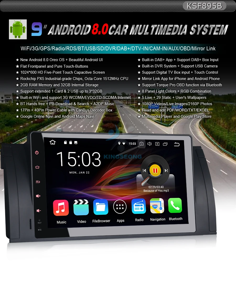 Best 9" Autoradio Android 8.0 Wifi GPS DAB+OBD Bluetooth Navi DVB-T2 Radio Car Multimedia Player For BMW 5 Series E39 E53 M5 X5 0