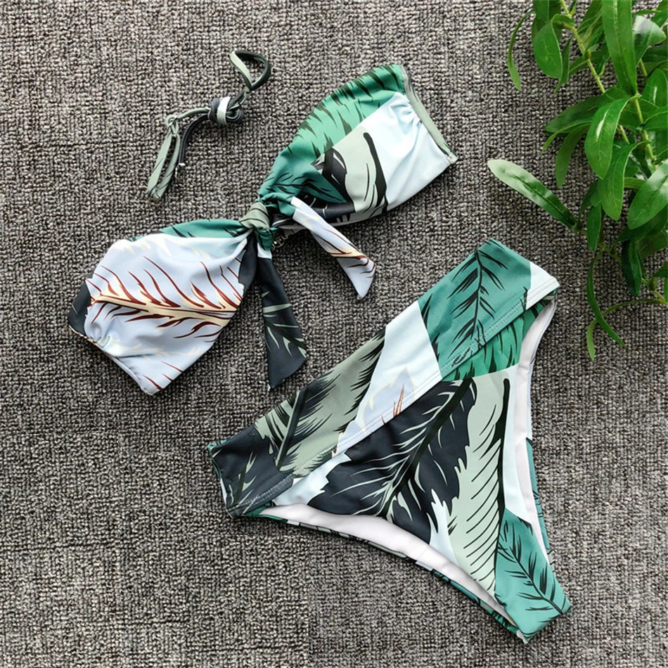 

Leaf Printed Swimsuit High Waist Bikini Strapless Bikini Set Off Shoulder Swimwear Women Tie Knot Front Swimming Suit Biquini
