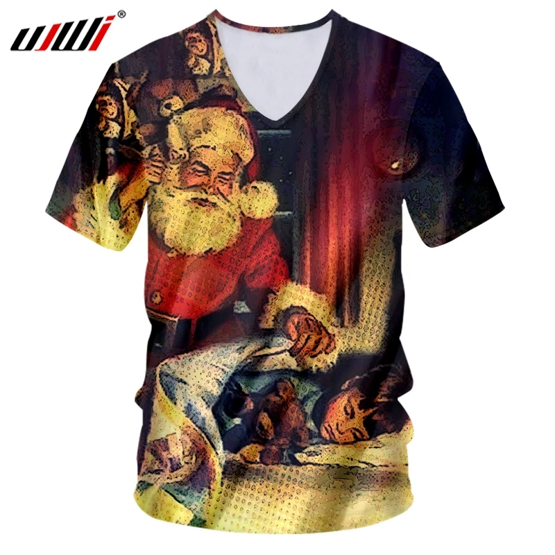 UJWI Winter Christmas Man V Neck Tshirt 3D Printed Santa Claus And Lovely Child Large Size Leisure Best Selling Men's Clothing | Мужская