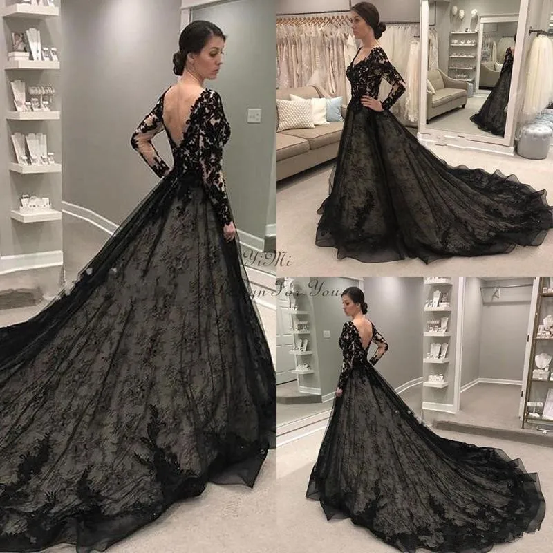 

Black lace Gothic Wedding Dresses 2019 Long Sleeve V Neck Sweep Train Lace Illusion Bodice Garden Country Bridal Gowns