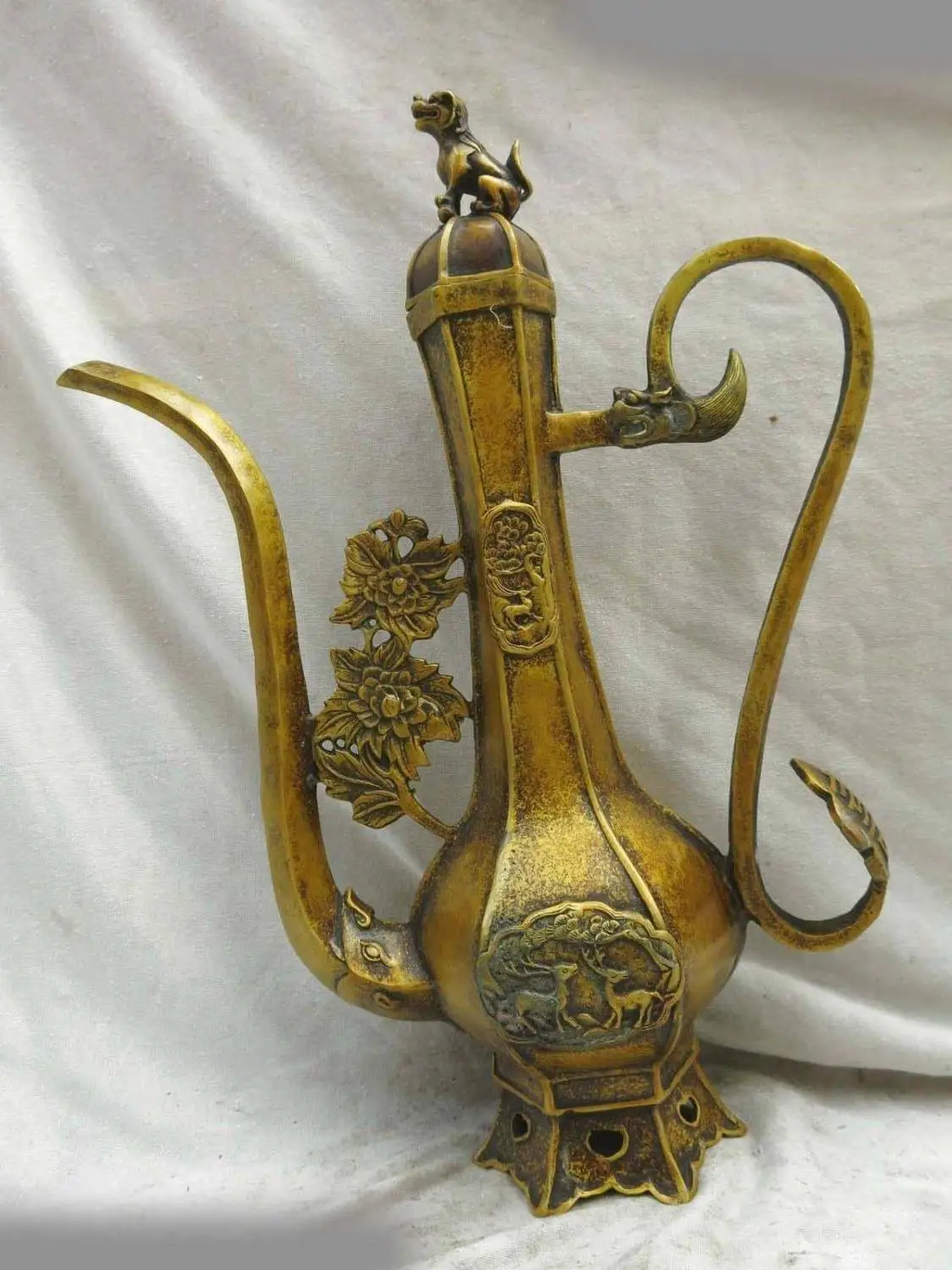 

17" China brass copper carved Foo Dogs Lion deer Dragon stoup wine pot Statue