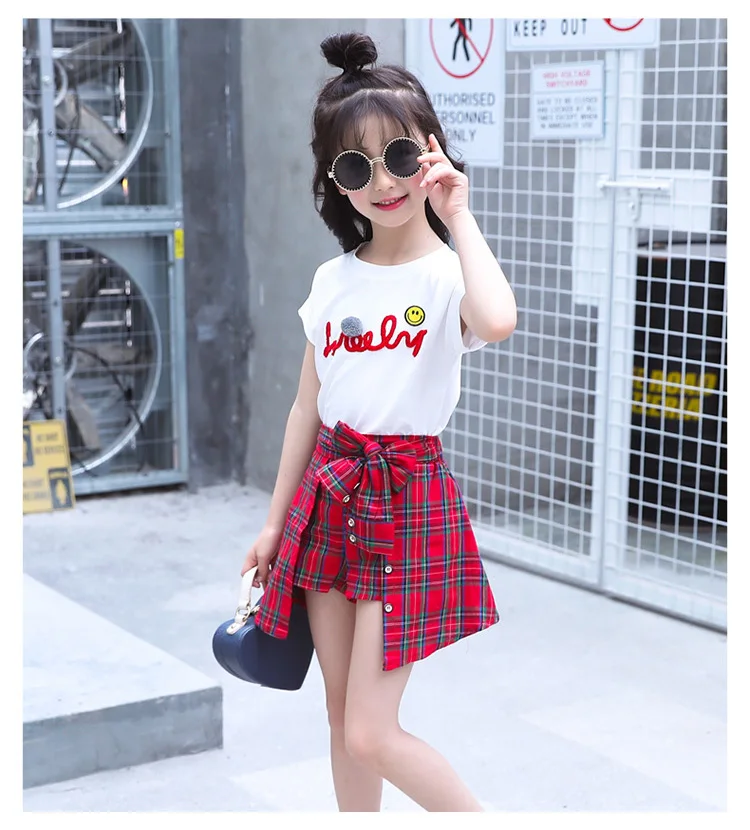 JIOROMYBig/комплекты летней модной одежды для девочек Детская футболка с буквенным принтом+ клетчатая юбка с бантом, штаны комплект из 2 предметов детская одежда, s