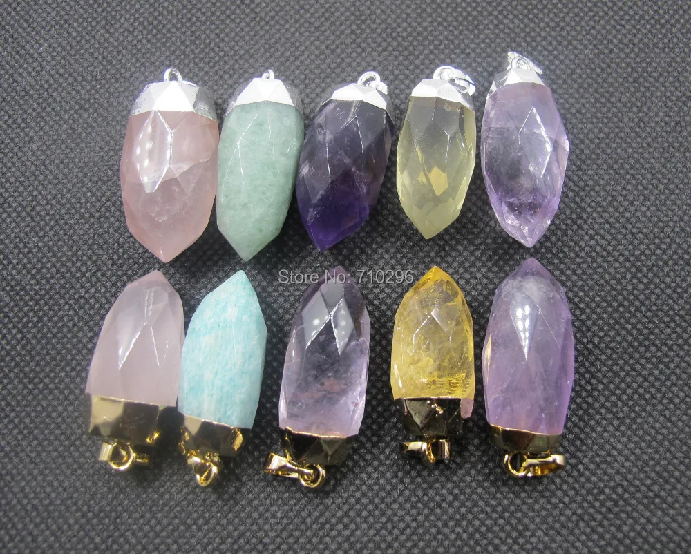

New Arrived Mixed10pcs/lot,Natural Quartz Faceted Bullet Healing Point Gems Stone Pendant For Necklace Gold&Silver