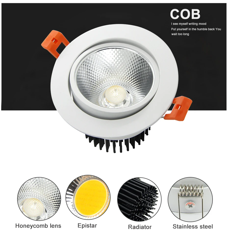 [DBF]Angle Adjustable LED Recessed Downlight Dimmable 7W 9W 12W 15W 18W Epistar COB Chip Ceiling Spot Lamp with 110/220V Driver
