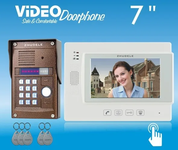 

ZHUDELE 4-wire 7"color video door phone,CCD camera with ID CARD AND PASSWORD UNLOCK,touch screen can connect CCTV camera ,1V1