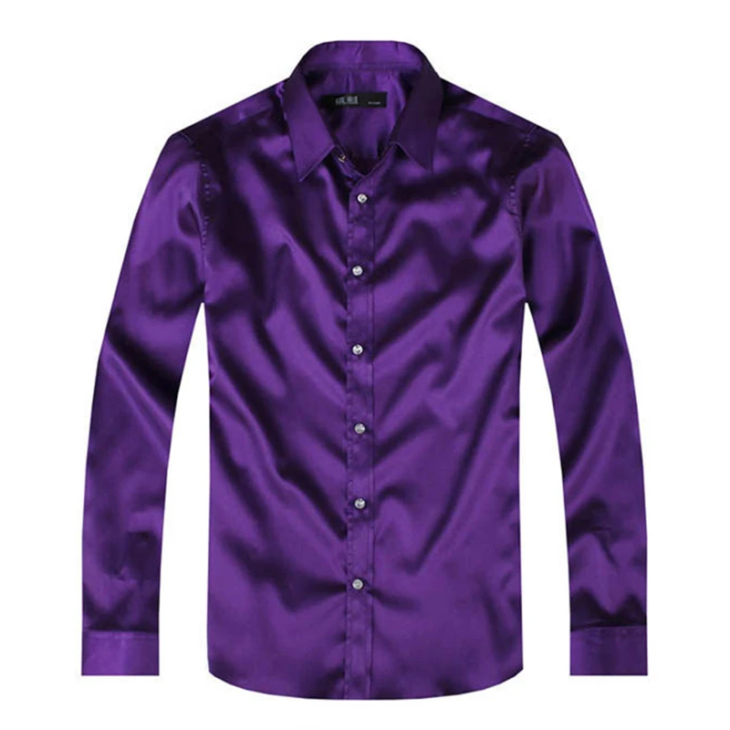Men Luxury Silky Long Sleeve Fashion Loose Casual Silk Like Dress Shirt Plus size Wedding Party Stage Clothes
