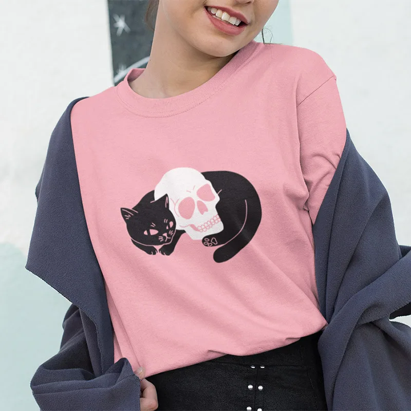 

Spooky Cat T Shirt Novelty Animal Skull Pattern Tops Summer Short Sleeve Personality Girl Shirt Pure Cotton O-neck Casual Tee
