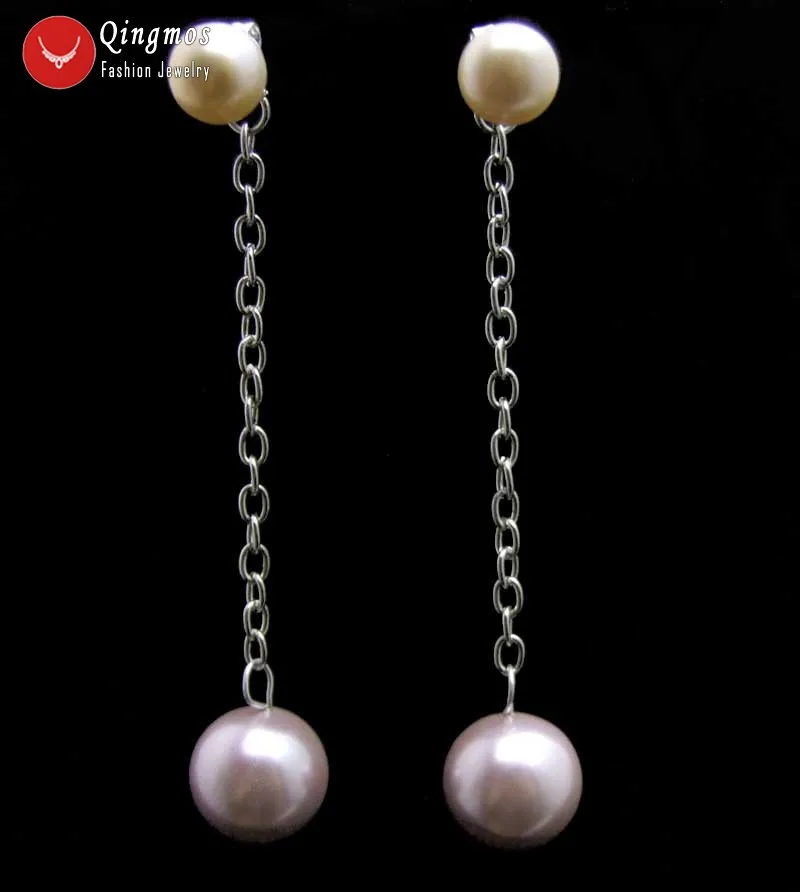 

Qingmos Natural Purple Pearl Earring for Women with 7-8mm Flat Round Pearl & Dangle 12mm Sea Shell Pearl Earrings Jewelry Ear562