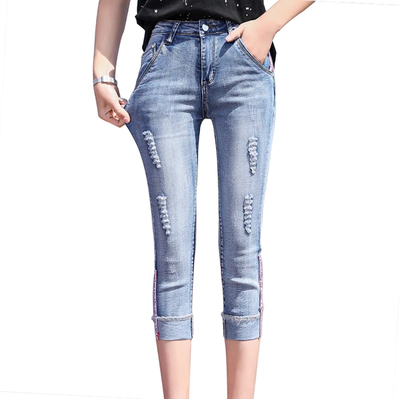 

Plus Size Ripped Skinny Capris Jeans Woman Female Stretch Knee Length Denim Shorts Jeans Pants Cuffs Summer Jeans Women Clothing