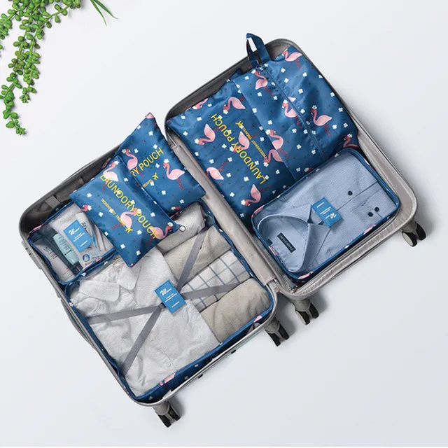 XYLOBHDG New High capacity 7pcs/set Travel Suitcase Organizer Bag Women Men Clothes Partition Arrange Storage Luggage Bags - Цвет: Blue flamingo