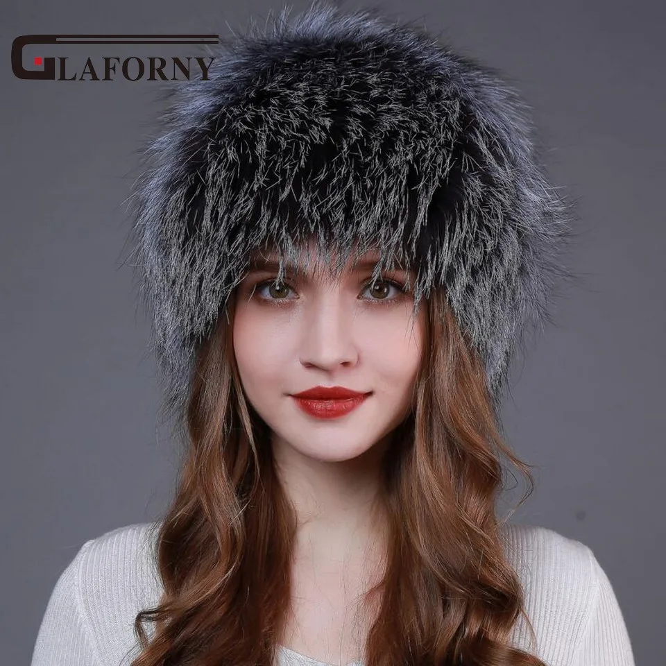 

Glaforny New Arrival Knitted Silver Fox Fur Hats Women Winter Fur Beanies Female Russian Bomer Caps Raccoon Dog Fur Skullies
