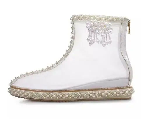 

New 2018 Hot Selling White Pearls Beaded Platform Ankle Boots Pointed Toe Mesh Cutouts Short Sandal Boots Crystal Flat Boots
