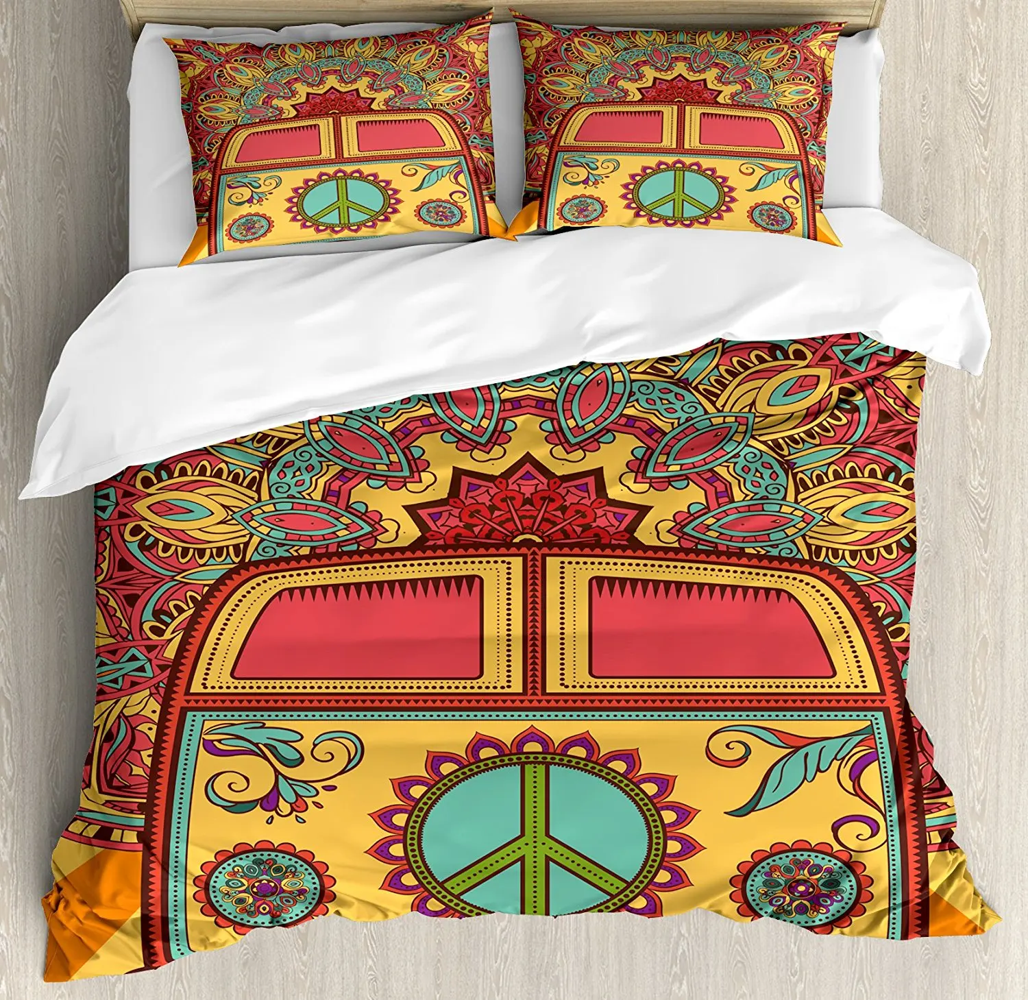 70s Party Decorations Duvet Cover Set King Size Hippie Vintage Mini Van