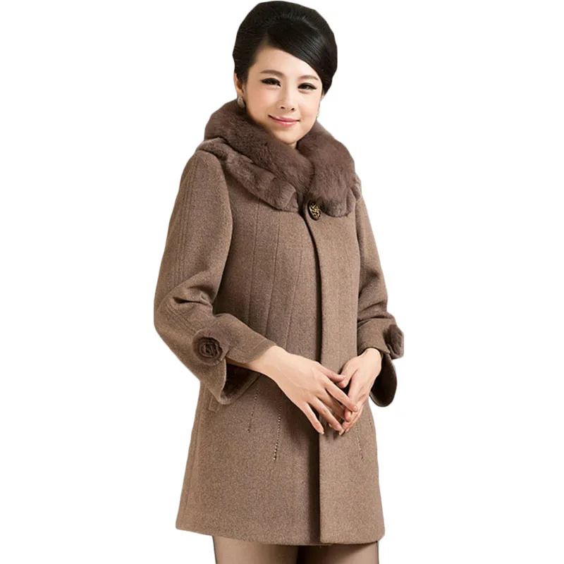 Plus Size L-5XL Autumn Winter Coat Hot Women Slim Elegant Fur Collar Single-Breasted Womens Wool Blended Mother's Day Gift XH923