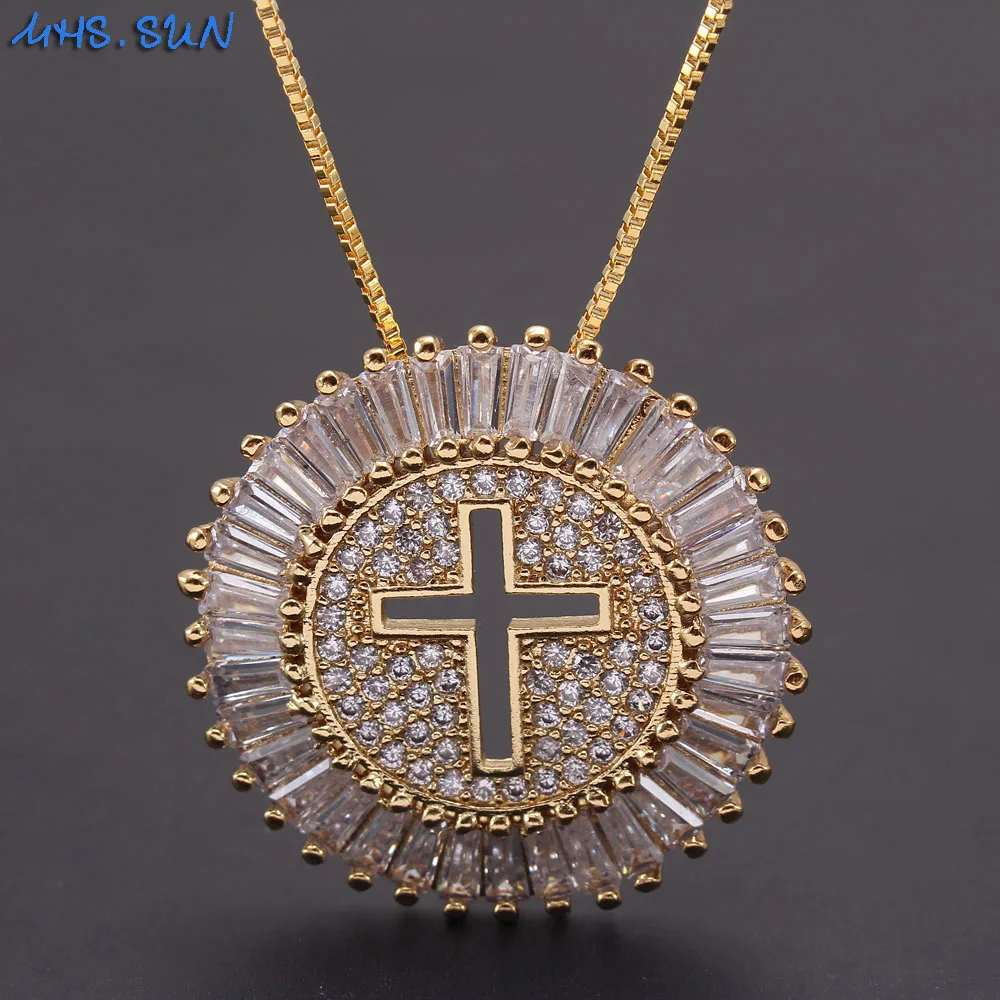 

MHS.SUN Luxury Round CZ Zircon Necklace Catholic Cross Pendant Chain Necklace Collier Femme Gold Color Jewelry Christmas Gift