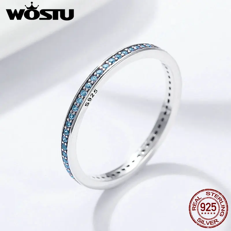 

WOSTU Authentic 925 Sterling Silver BlueCubic Zirconia Design Minimalist Simple Stackable Finger Rings for Women Fine BKR229
