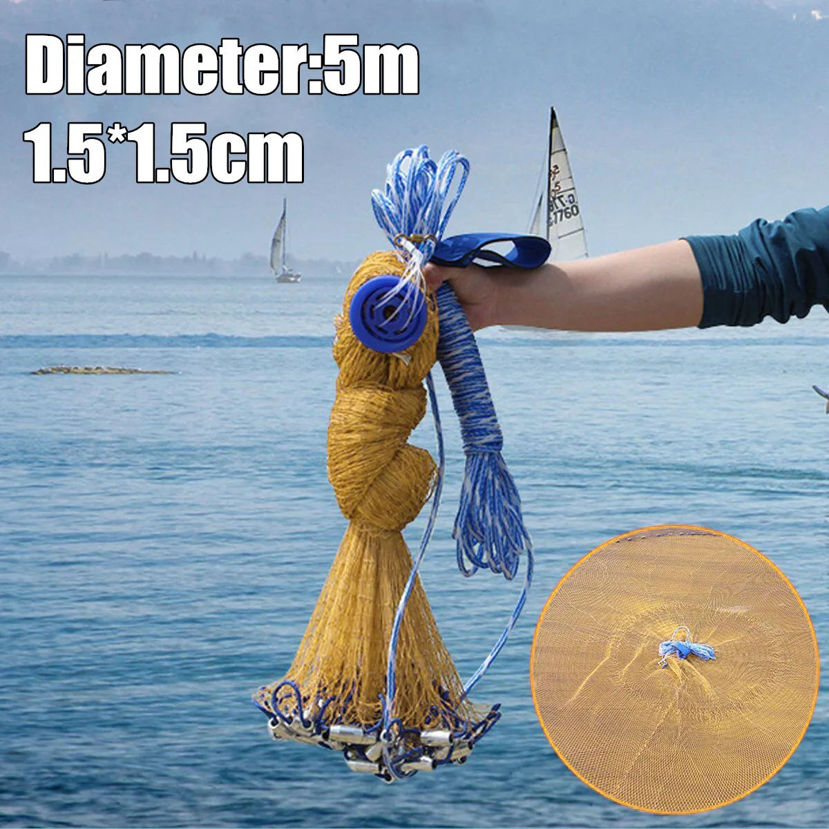 4M Throw Fishing Nylon Mesh Chain Spread Bottom Bait Cast Net Gill with Sinker