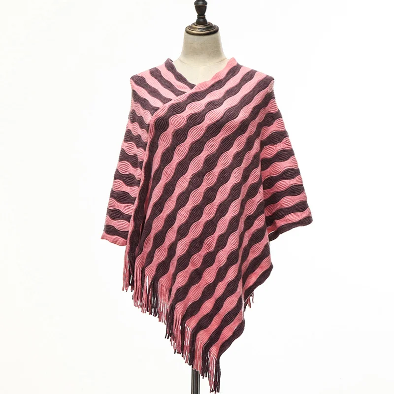 

2017 New Arrival Women knitted shawl ponchos V-Neck waved stripe Autumn Winter High grade acrylic soft shawls Free shipping