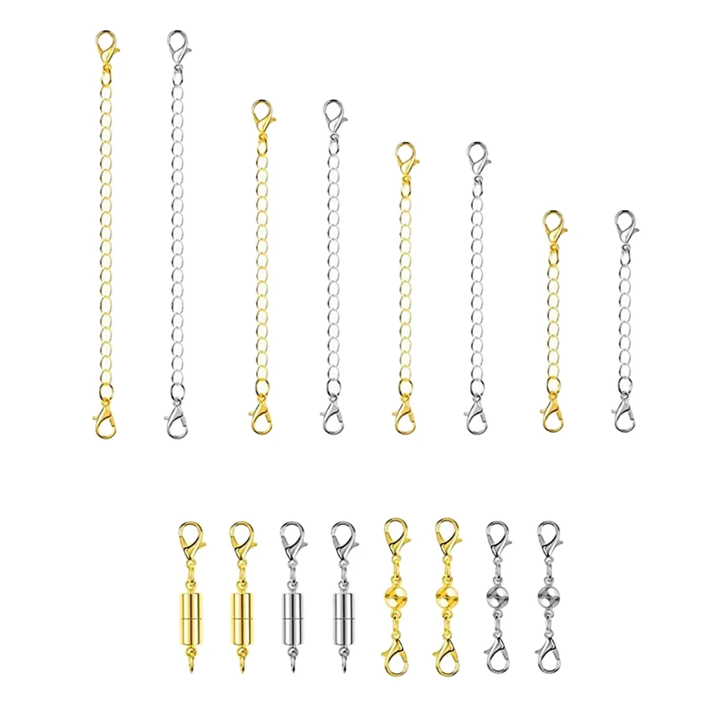 

16pcs Gold Silver Tone Colors Magnetic Clasps and Chain Extender Set Necklace Extenders Magnetic Closures DIY Jewelry Findings