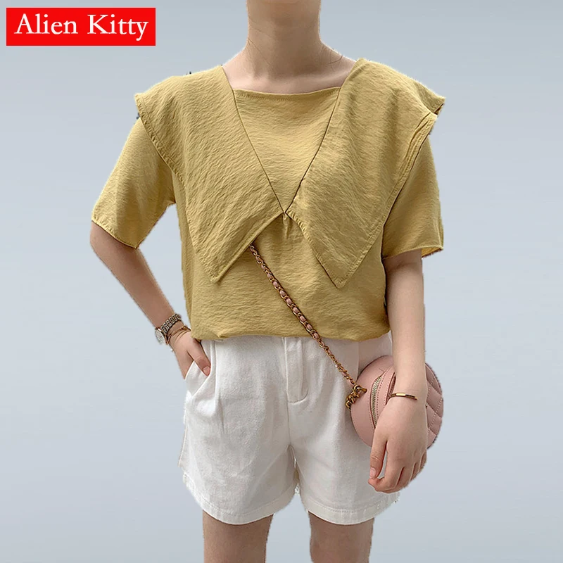 

Alien Kitty Navy Style Elegant Simple Fresh 2019 Summer Solid Short Sleeves Brief High Quality Casual Sweet Shirts 2 Colors