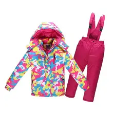 Водонепроницаемые Детские Зимние костюмы для девочек и мальчиков, зимняя спортивная одежда, теплые лыжные костюмы, сноуборд, Полиэстеровая куртка, комплект со штанами