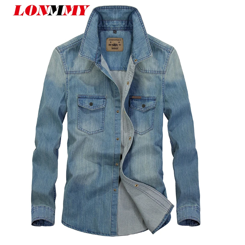 LONMMY джинсовые мужские рубашки Мода Eengland Стиль Slim fit Jeane camisa Социальные masculina