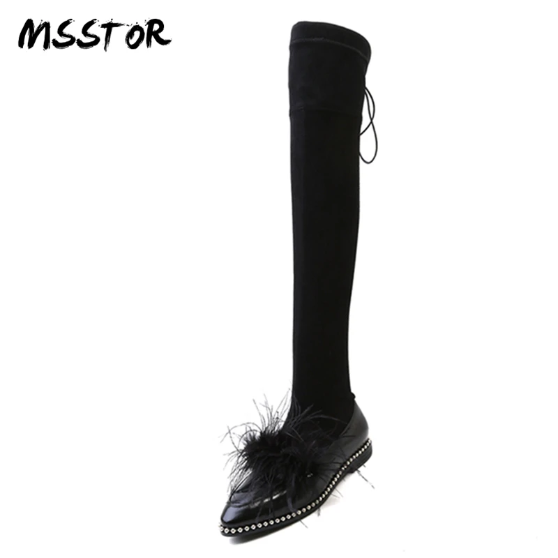 Beste MSSTOR Klinknagel Bont Over De Knie Laarzen Zwart Plus Size 34 42 Ronde Neus Vierkante Hakken Kant Platte Laarzen mode Casual Schoenen Vrouwen