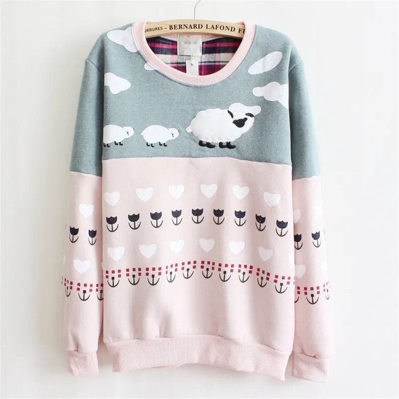 2022 New Women Pullover Cute Sheep Embroidered Thick Fleece Inside Warm Hoodies Pink And Gray