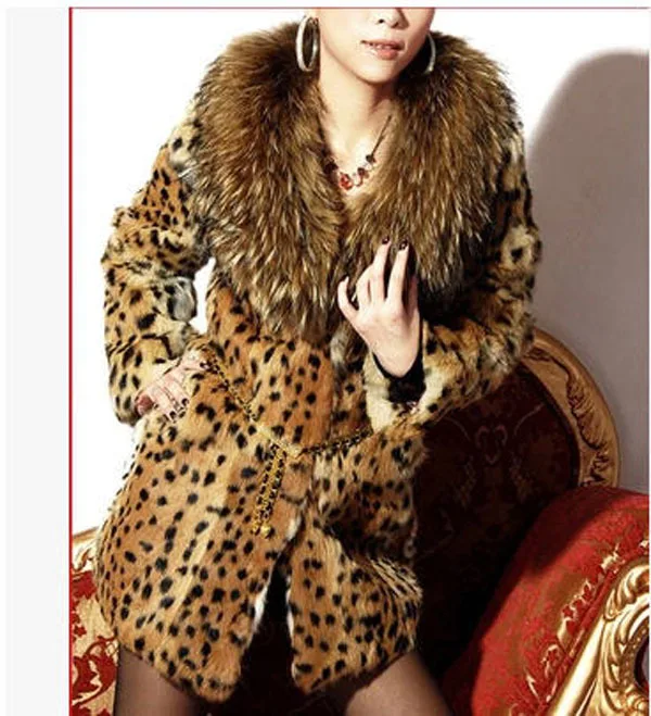 

Female Man-made Fur Leopard Print Fur Coat Women Casual Faux Raccoon Fur Collar Thick Cotton Long Jacket Plus Size Overcoat J05