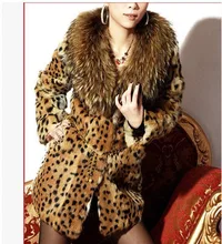 Female Man made Fur Leopard Print Fur Coat Women Casual Faux Raccoon Fur Collar Thick Cotton
