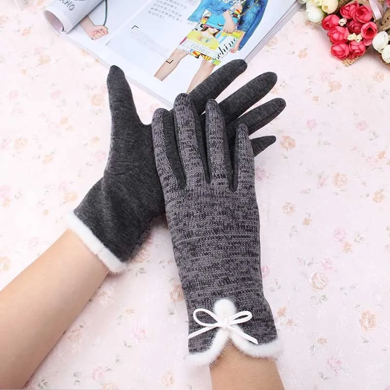 C женские модные зимние хлопковые шерстяные перчатки элегантная теплая плюшевая перчатка с бантом рукавицы из кашемира Mitaine Guantes горячая Распродажа аксессуаров